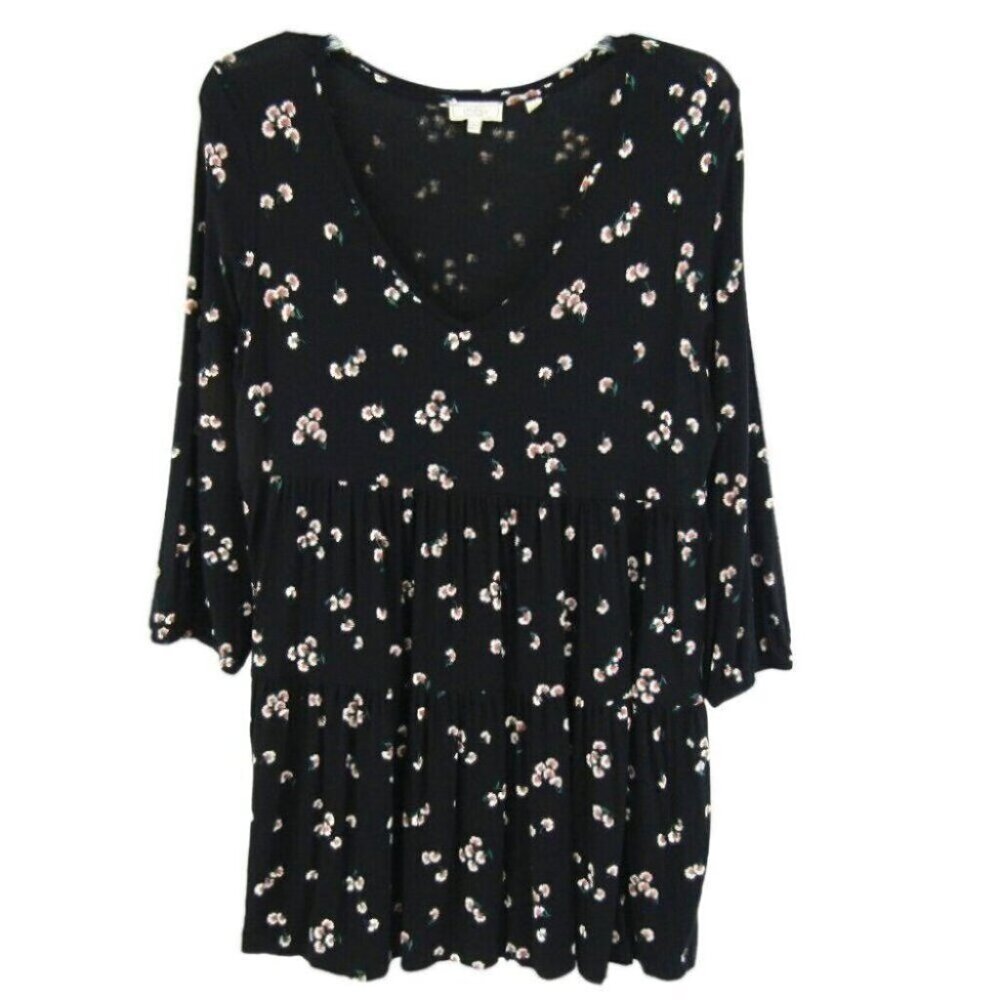 Fat Face Black Floral Tiered Dress Womens Size US 8 Long Sleeve V Neck
